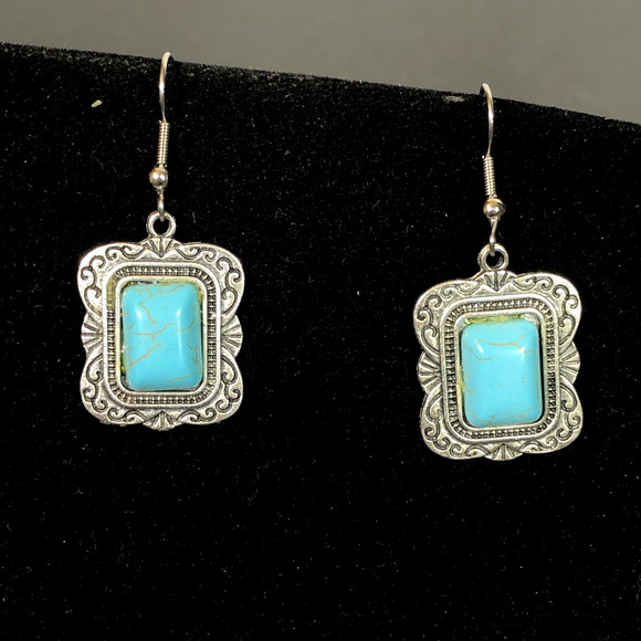 Silver Tone and Faux Turquoise Earrings Rectangle Cabachon Pierced Hook Jewelry - Picture 1 of 7